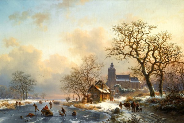 Dutch winter landscape with figures by Charles Henri Joseph Leickert